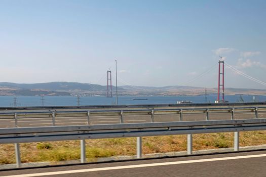 Canakkale,Turkey.August 11, 2022. 1915 Canakkale bridge and highway with its modern architecture are in the Dardanelles,Marmara region,Turkey.