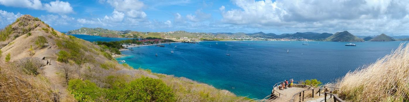 panoramic view from Pingeon Island Saint Lucia or St Lucia Caribbean. beautiful mountain and a tropical beach pigeon island