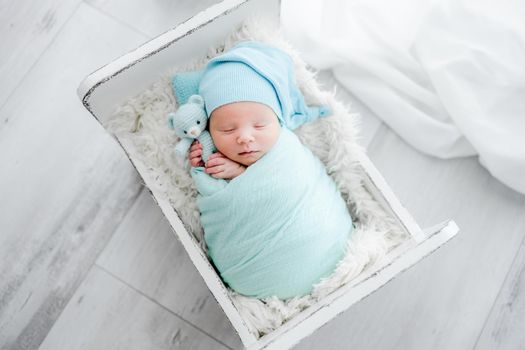 Newborn baby child swaddled in fabric sleeping and holding teddy bear toy. Sweet infant kid napping on fur in tiny bed