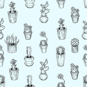 Cactus seamless pattern. Hand drawn cactus lineart. Home plants succulents black and white pattern.