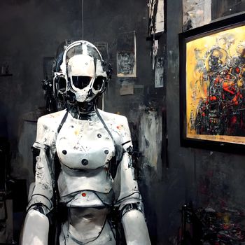 white anthropomorphic robot artist near wall with its paintings, close portrait - neural network generated art, picture produced with ai in 2022