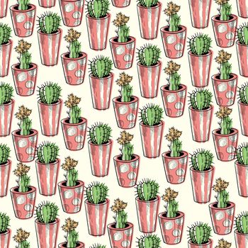 Cactus seamless pattern. Hand drawn cactus lineart. Home plants succulents black and white pattern.