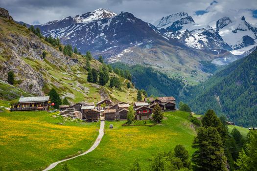 Idyllic swiss landscape with Zermatt village at springtime, Valais, Switzerland