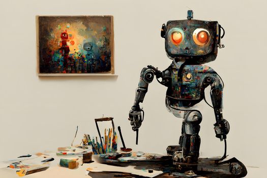 cute and friendly robot artist in the studio next to his easel, painting and paints while working - neural network generated art, picture produced with ai in 2022