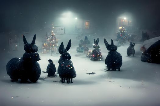 black rabbits on snowy night town street, cozy christmas outdoor miniature with selective focus and background blur, neural network generated art, picture produced with ai in 2022