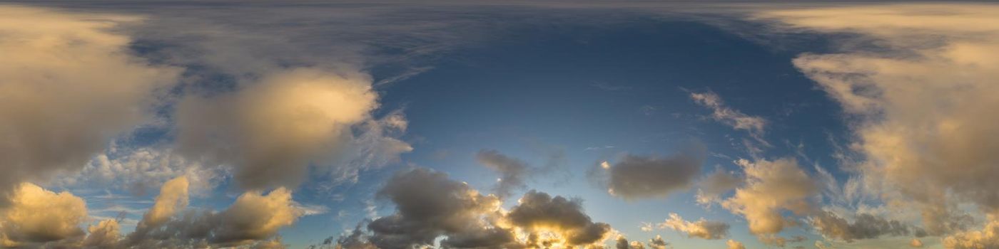 Sky panorama with Cirrus clouds in Seamless spherical equirectangular format. Full zenith for use in 3D graphics, game and editing aerial drone 360 degree panoramas for sky replacement