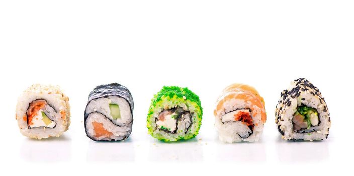Sushi Rolls, Japanese foods, maki, makizushi on white background.