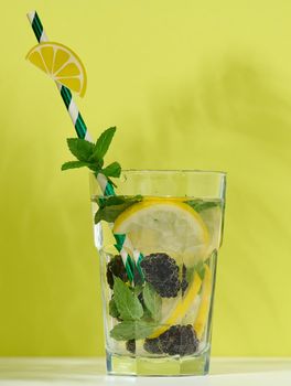 Transparent glass with lemonade, mint leaves, lemon slices and blackberries in the middle. Green background