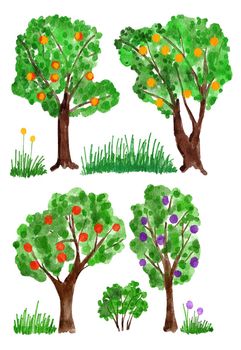 Watercolor hand drawn illustration of orchard fruit trees, farm harvest. Green leaves leaf foliage organic food with grass bushes branches. Yellow red apples, plums, hears. Nature natural forest wood picture clipart