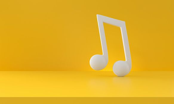 White music note, tone icon isolated on yellow background. Minimalism concept. 3D Rendering