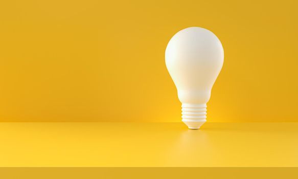 Light bulb white on yellow background. Horizontal composition with copy space. Creativity ideas and innovation concept. 3d rendering