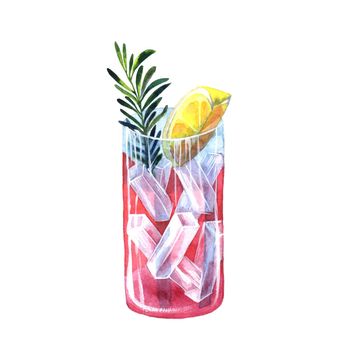 Watercolor lemonade with lemon, ice and tarragon. Hand drawn isolated summer drink glass on white background. Artistic illustration.