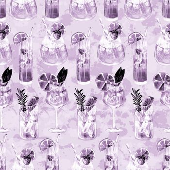 Seamless pattern with summer cocktails and ice cubes. Watercolor illustration in monochrome style .