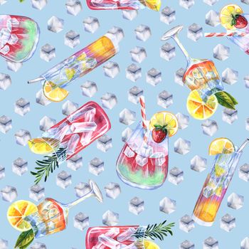 Seamless pattern with summer cocktails and ice cubes. Watercolor illustration in blue background