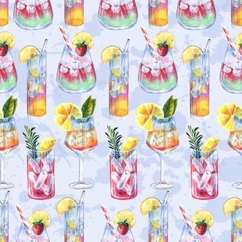 Seamless pattern with summer cocktails and ice cubes. Watercolor illustration in blue background and blue blot