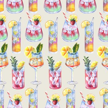 Seamless pattern with summer cocktails and ice cubes. Watercolor illustration in beige background .