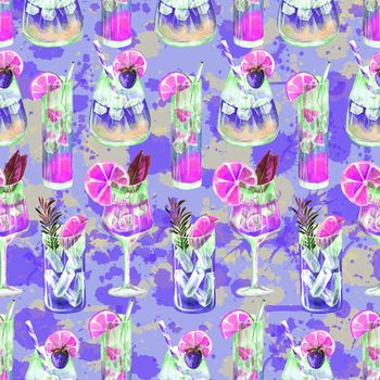 Seamless pattern with summer cocktails and ice cubes. Watercolor illustration on purple background