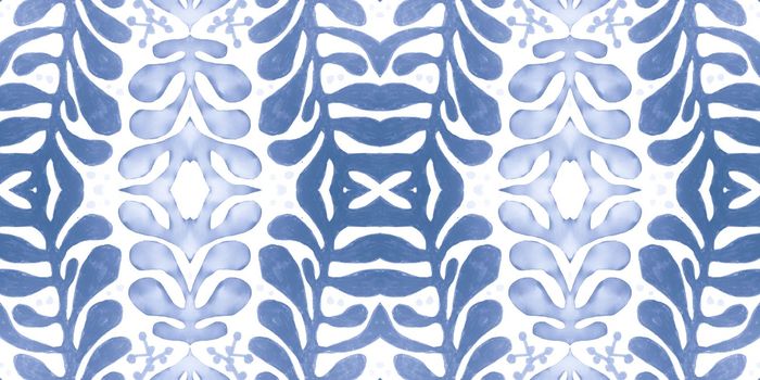 Dutch blue ceramic. Floral tile mosaic. Watercolor portugal background. Retro portuguese design. Moroccan modern illustration. Talavera azulejo ornament. Seamless Dutch blue texture.