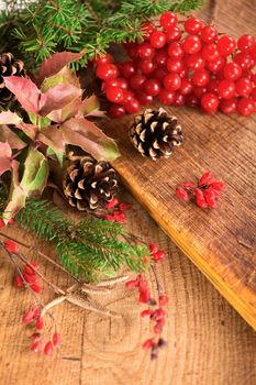 branches of holly, pine cones, mountain ash berries on wooden background