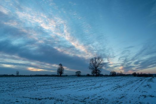 Snow-covered field and cool clouds in the evening, winter view