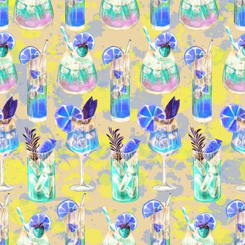 Seamless pattern with summer cocktails and ice cubes. Watercolor illustration on yellow background