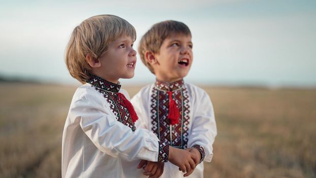 Beautiful portrait of little ukrainian boys singing song in wheat field after harvesting. Children in traditional embroidery vyshyvanka shirt. Ukraine, national costume, happy childhood future. photo