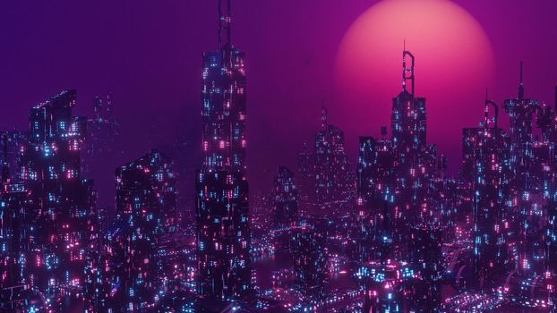 Concept Of The Future Neon Cyberpunk City Banner Background 3d Illustration