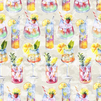 Seamless pattern with summer cocktails and ice cubes. Watercolor illustration on beige background