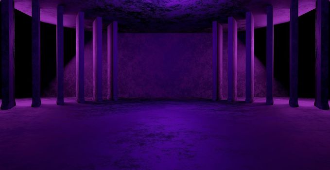 Rough Grungy Rusty Showroom Studio Room Interior Dark Purple Banner Background 3D Illustration