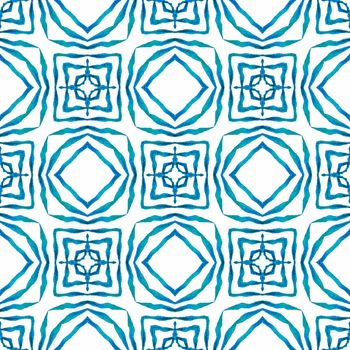 Textile ready sightly print, swimwear fabric, wallpaper, wrapping. Blue fine boho chic summer design. Watercolor medallion seamless border. Medallion seamless pattern.