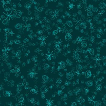 Hand Drawn Snowflakes Christmas Seamless Pattern. Subtle Flying Snow Flakes on chalk snowflakes Background. Attractive chalk handdrawn snow overlay. Magnetic holiday season decoration.
