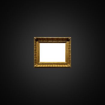 Antique art fair gallery frame on royal black wall at auction house or museum exhibition, blank template with empty white copyspace for mockup design, artwork concept