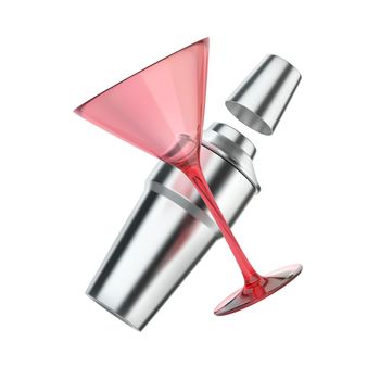 Silver shaker and red cocktail glass isolated on white background
