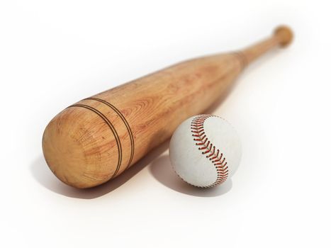 Baseball bat and ball isolated on white background. 3D illustration.