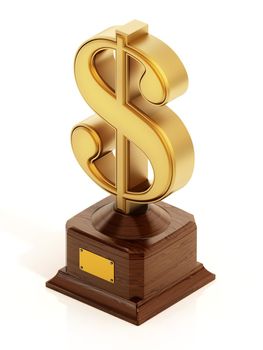 Gold dollar symbol on wooden base isolated on white background. 3D illustration.