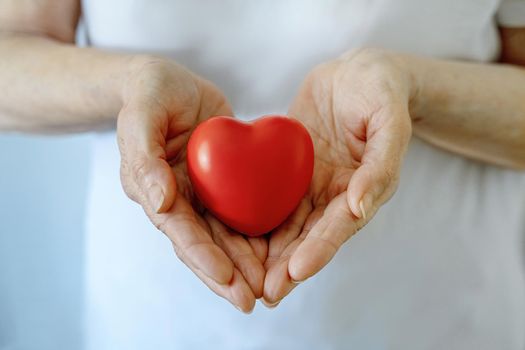 Grandmother woman hands holding red heart, healthcare, love, organ donation, mindfulness, wellbeing, family insurance and CSR concept, world heart day, world health day, national organ donor day.