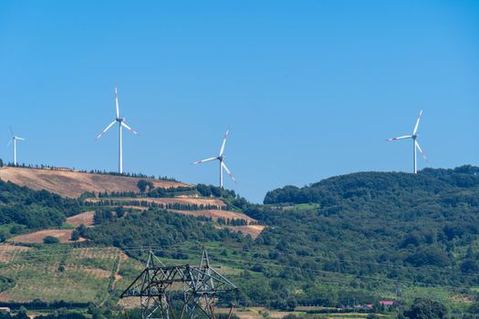 Panoramic view of wind farm or wind park, with turbines for generation electricity on sunny summer day. Green energy concept. Eco renewable energy power. Panorama