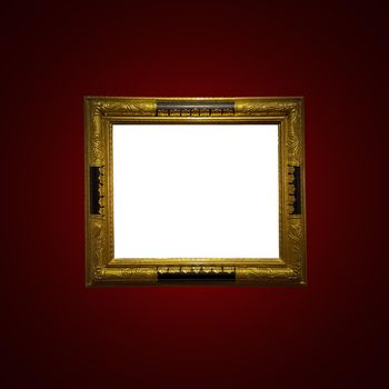 Antique art fair gallery frame on royal red wall at auction house or museum exhibition, blank template with empty white copyspace for mockup design, artwork concept