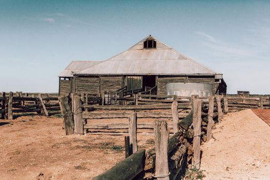 Rustic old shearing shed and corrals in outback Australia