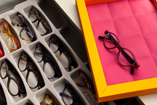 Glasses on a tray in an optical shop