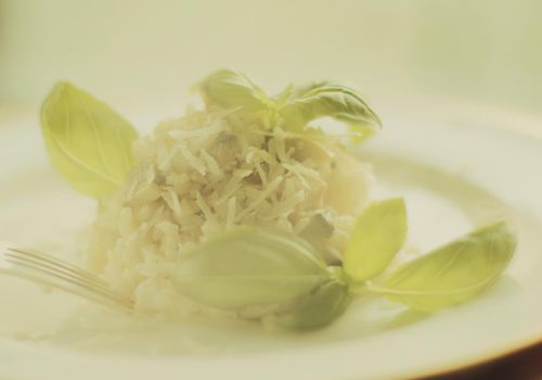 european and mediterranean cuisine styled concept - mushroom risotto recipe, elegant visuals