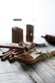 Wooden spoon filled with ground cinnamon in front of cinnamon sticks. Vertical orientation with copy space.