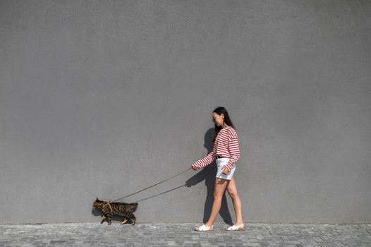 A young woman walks with a gray tabby cat on a leash against a gray wall