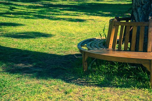 Old styled wooden park bench in a city park