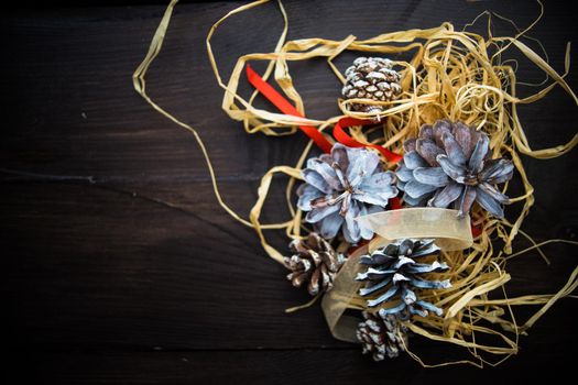Christmas festive flatlay with gift boxes and decorations