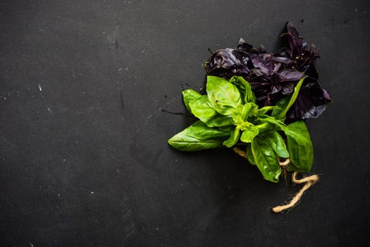 Fresh organic basil herb on dark wooden table with copyspace