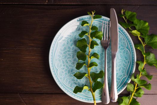 Rustic table setting with vintage ceramic plates and branch of ivy plant on dark old wooden table with copyspace