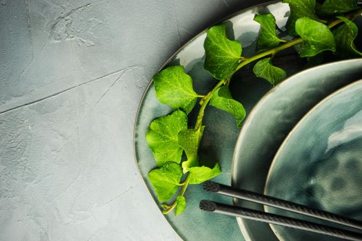 Rustic table setting with vintage ceramic plates, asian chopsticks and branch of ivy plant on dark old wooden table with copyspace