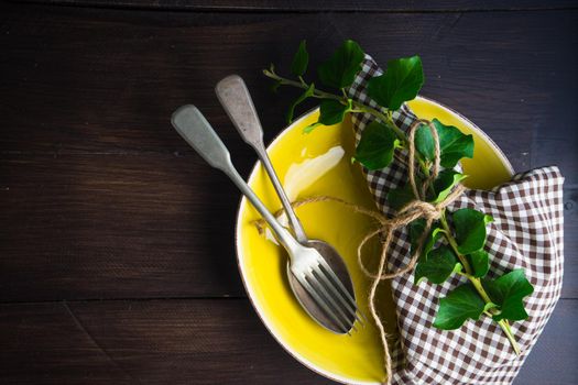 Rustic table setting with vintage ceramic plates and branch of ivy plant on dark old wooden table with copyspace