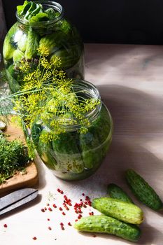 Two jars with home made pickled cucumbers with herbs and spices on white wooden table, copy space, selective focus